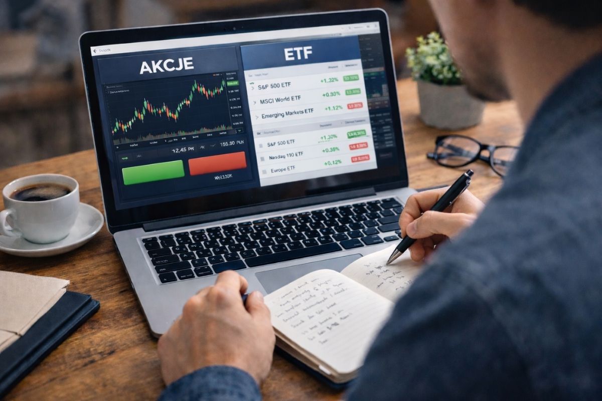 Inwestor analizujący wykresy akcji i ETF na laptopie